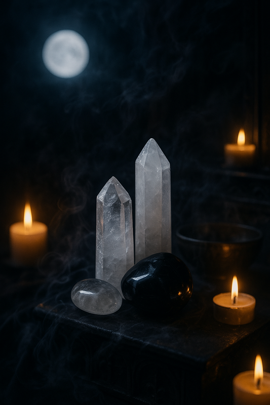 A close-up of clear quartz, selenite, and obsidian crystals resting under moonlight on a gothic altar, with faint mist swirling around them. Candles glow softly nearby.