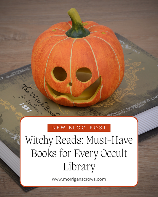 Text says: Witchy Reads: Must-Have Books for Every Occult Library. Jack o Lantern sitting on a book