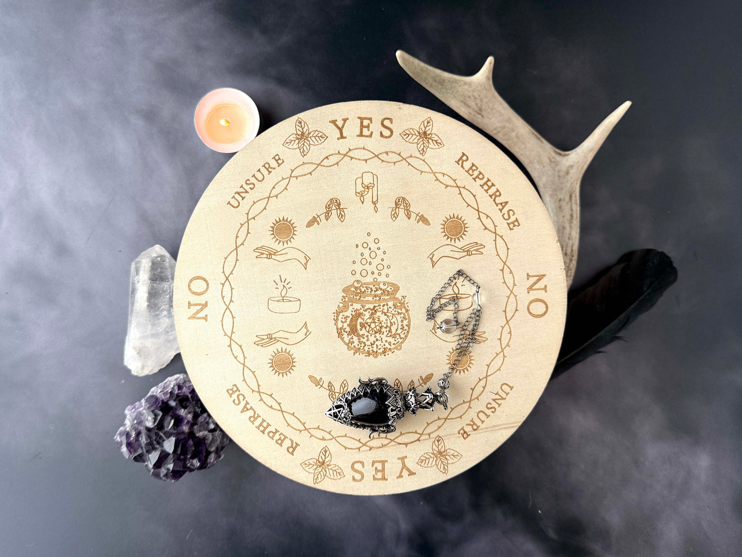 Wooden Pendulum Board for Divination & Witchcraft – 7.8" Dowsing Board with Wood-Burned Designs | Hecate, Triple Goddess, Pentacle, Cauldron