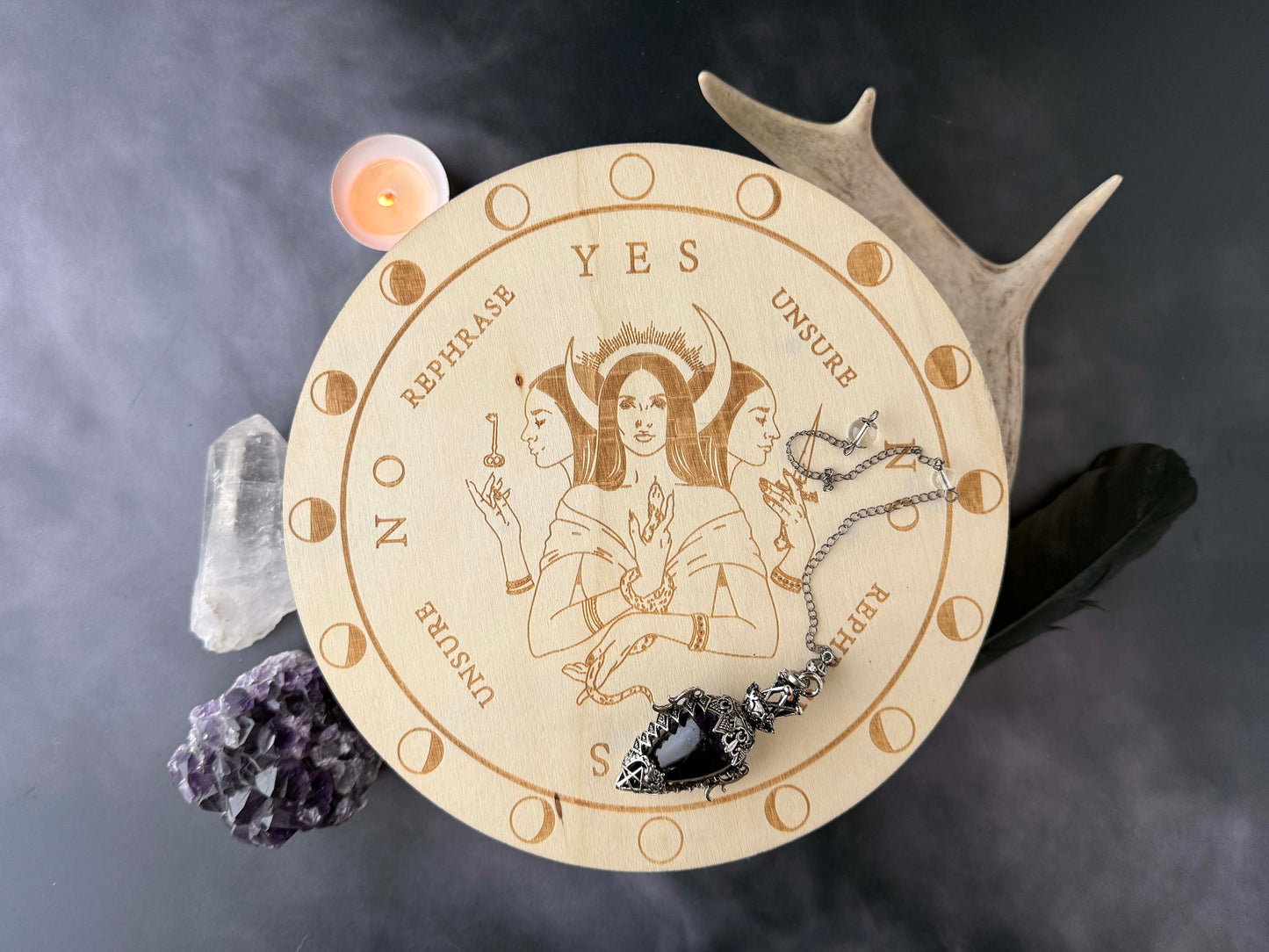 Wooden Pendulum Board for Divination & Witchcraft – 7.8" Dowsing Board with Wood-Burned Designs | Hecate, Triple Goddess, Pentacle, Cauldron