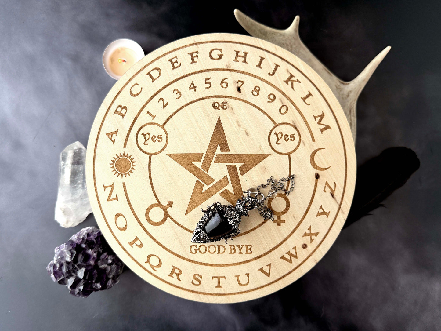 Wooden Pendulum Board for Divination & Witchcraft – 7.8" Dowsing Board with Wood-Burned Designs | Hecate, Triple Goddess, Pentacle, Cauldron
