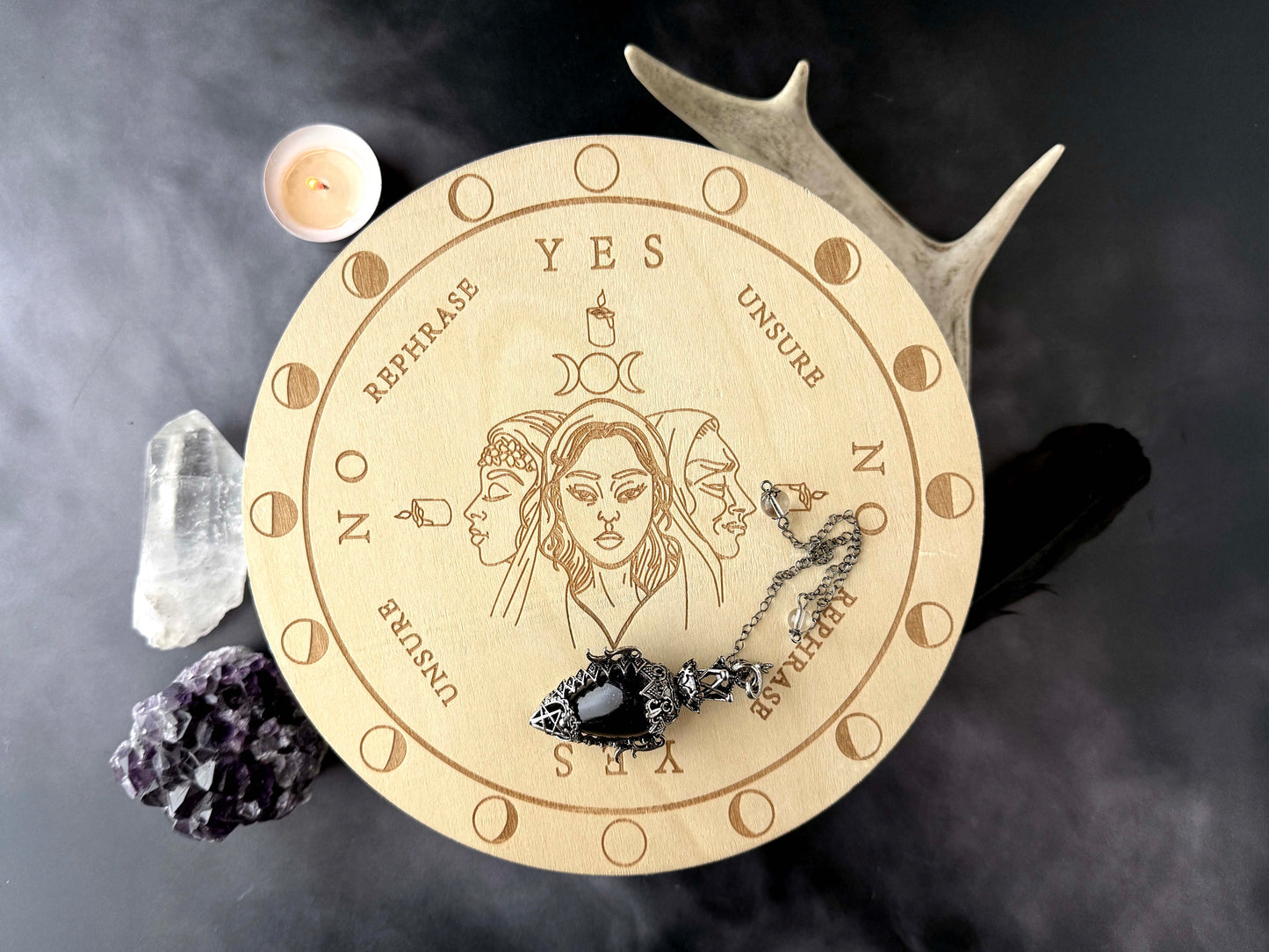 Wooden Pendulum Board for Divination & Witchcraft – 7.8" Dowsing Board with Wood-Burned Designs | Hecate, Triple Goddess, Pentacle, Cauldron