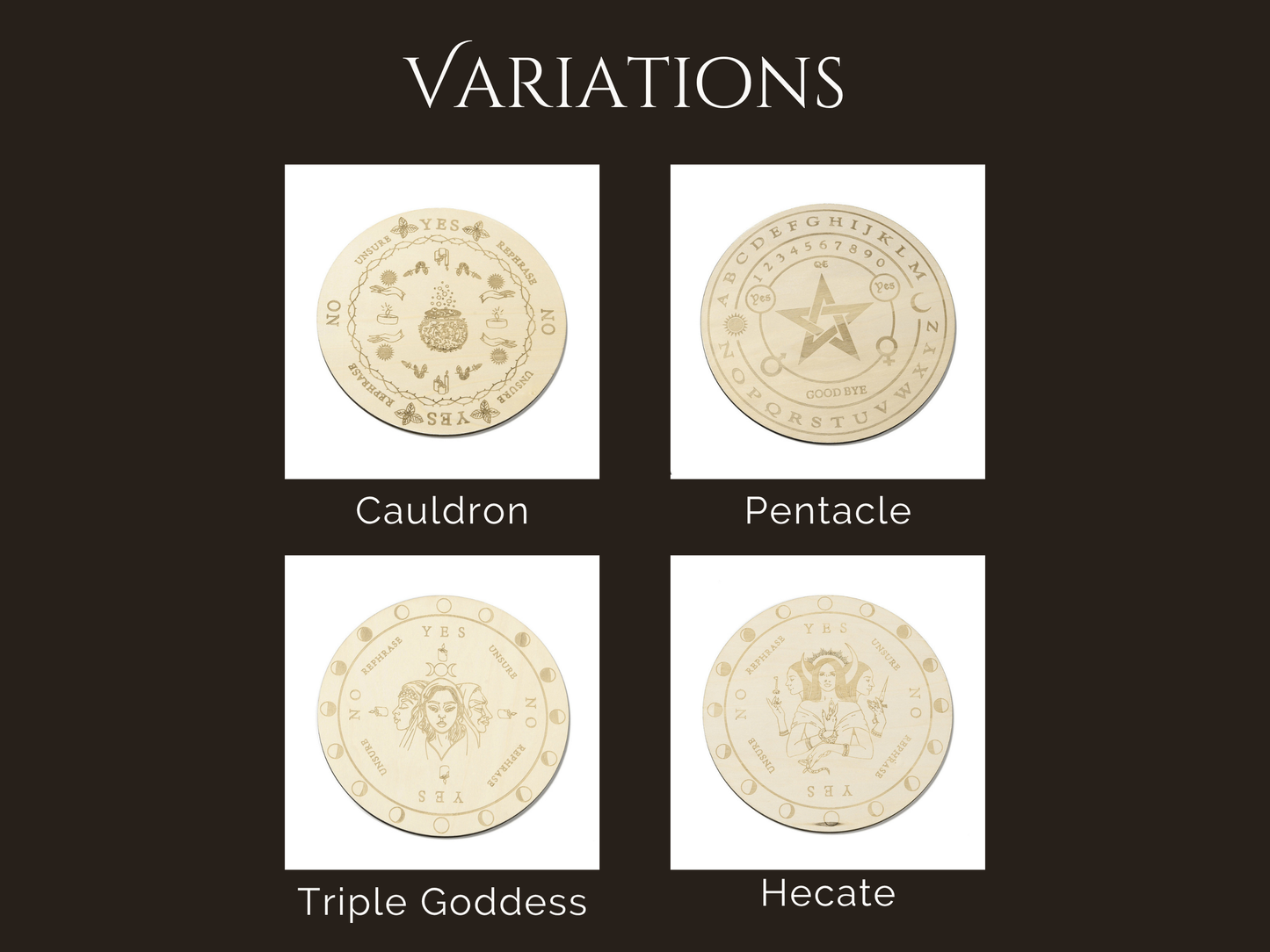 Wooden Pendulum Board for Divination & Witchcraft – 7.8" Dowsing Board with Wood-Burned Designs | Hecate, Triple Goddess, Pentacle, Cauldron