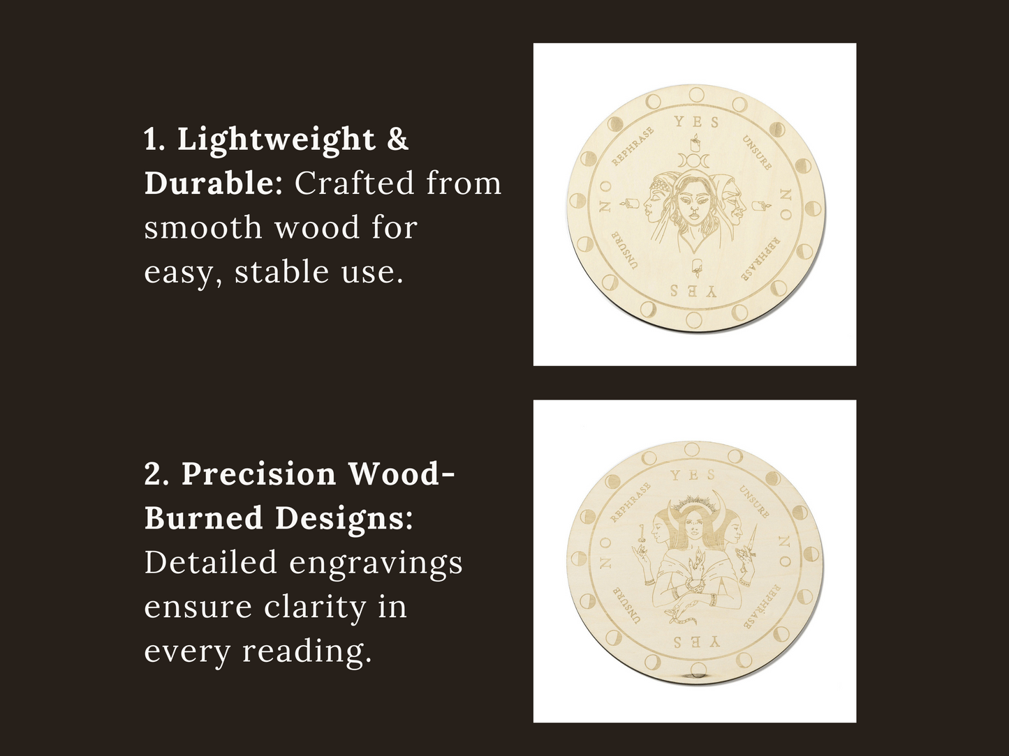Wooden Pendulum Board for Divination & Witchcraft – 7.8" Dowsing Board with Wood-Burned Designs | Hecate, Triple Goddess, Pentacle, Cauldron