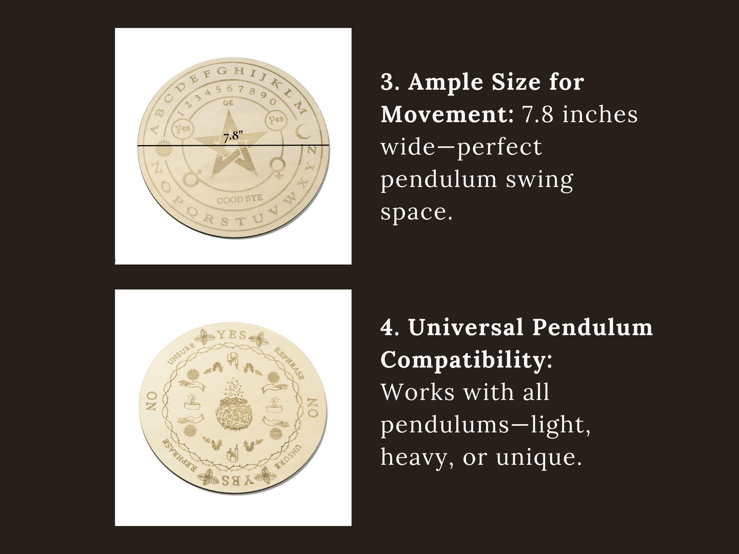 Wooden Pendulum Board for Divination & Witchcraft – 7.8" Dowsing Board with Wood-Burned Designs | Hecate, Triple Goddess, Pentacle, Cauldron