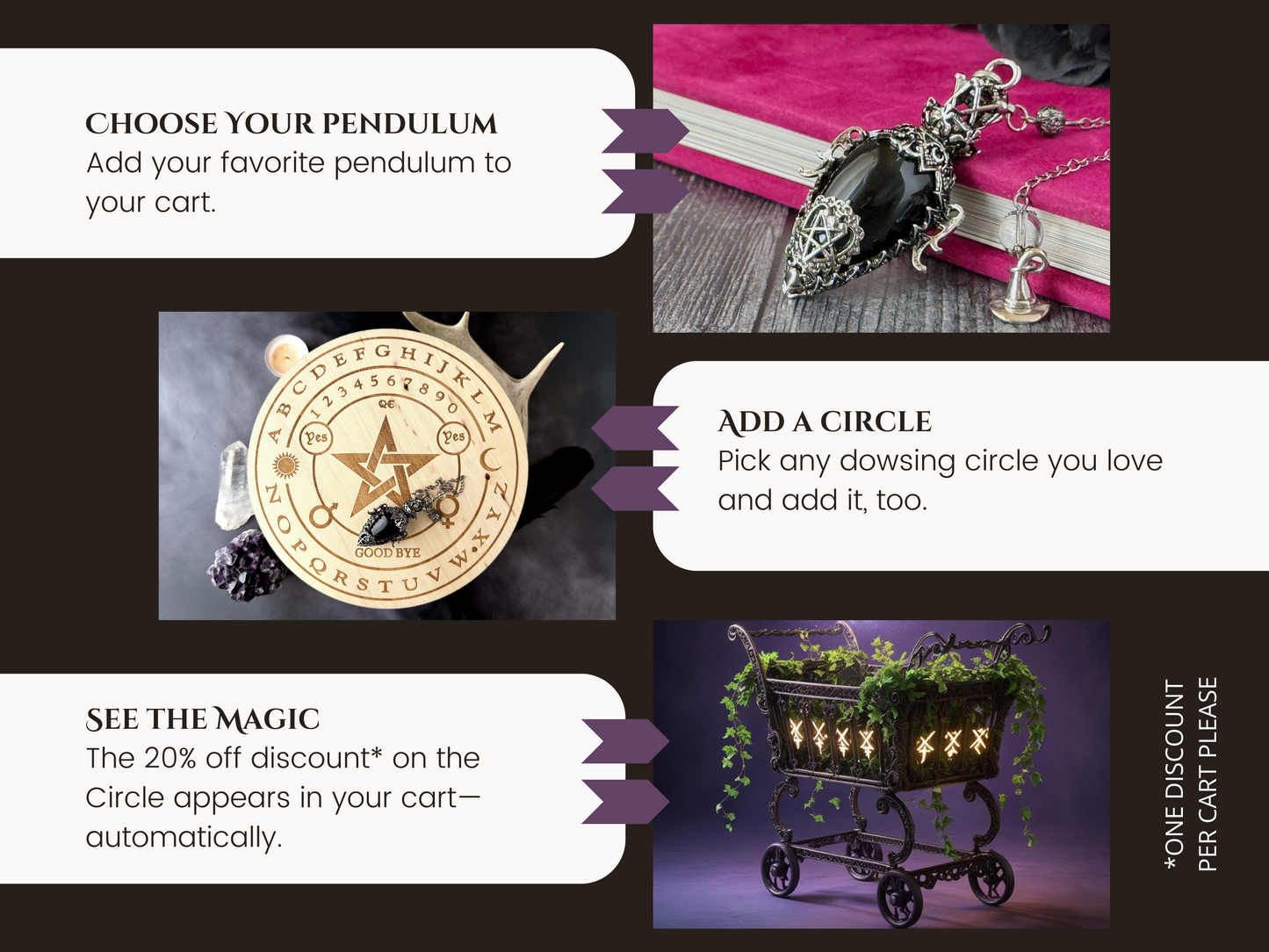 Wooden Pendulum Board for Divination & Witchcraft – 7.8" Dowsing Board with Wood-Burned Designs | Hecate, Triple Goddess, Pentacle, Cauldron
