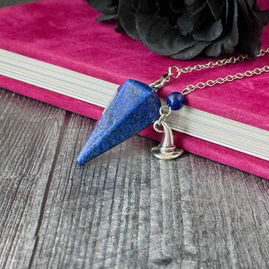 Hexagon Point Dowsing Pendulum | Mixed Stone Witchcraft Divination Tool | Platinum Brass