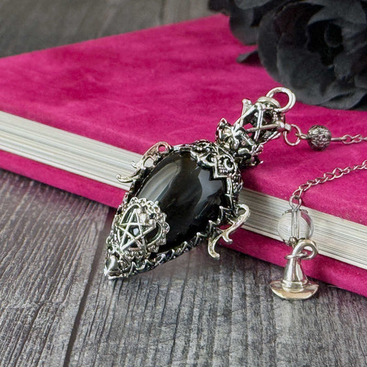 Ornate Dowsing Pendulum | Gemstone Witchcraft Divination Tool | Antique Silver