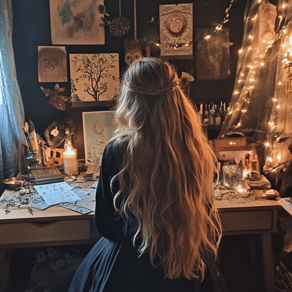 A femme presenting witch sitting at a magical desk crafting a vision board for the new year