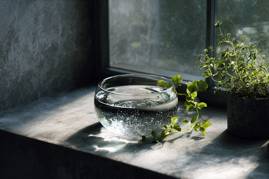 A clear glass bowl of water sitting on a dark windowsill in direct sunlight, light refracting across a modern concrete surface, small crystals arranged nearby, clean and minimal styling.