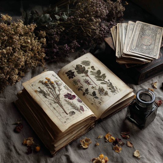 An open herbalism book with pressed botanical specimens beside a worn tarot deck and a small glass inkwell on a dark linen cloth.