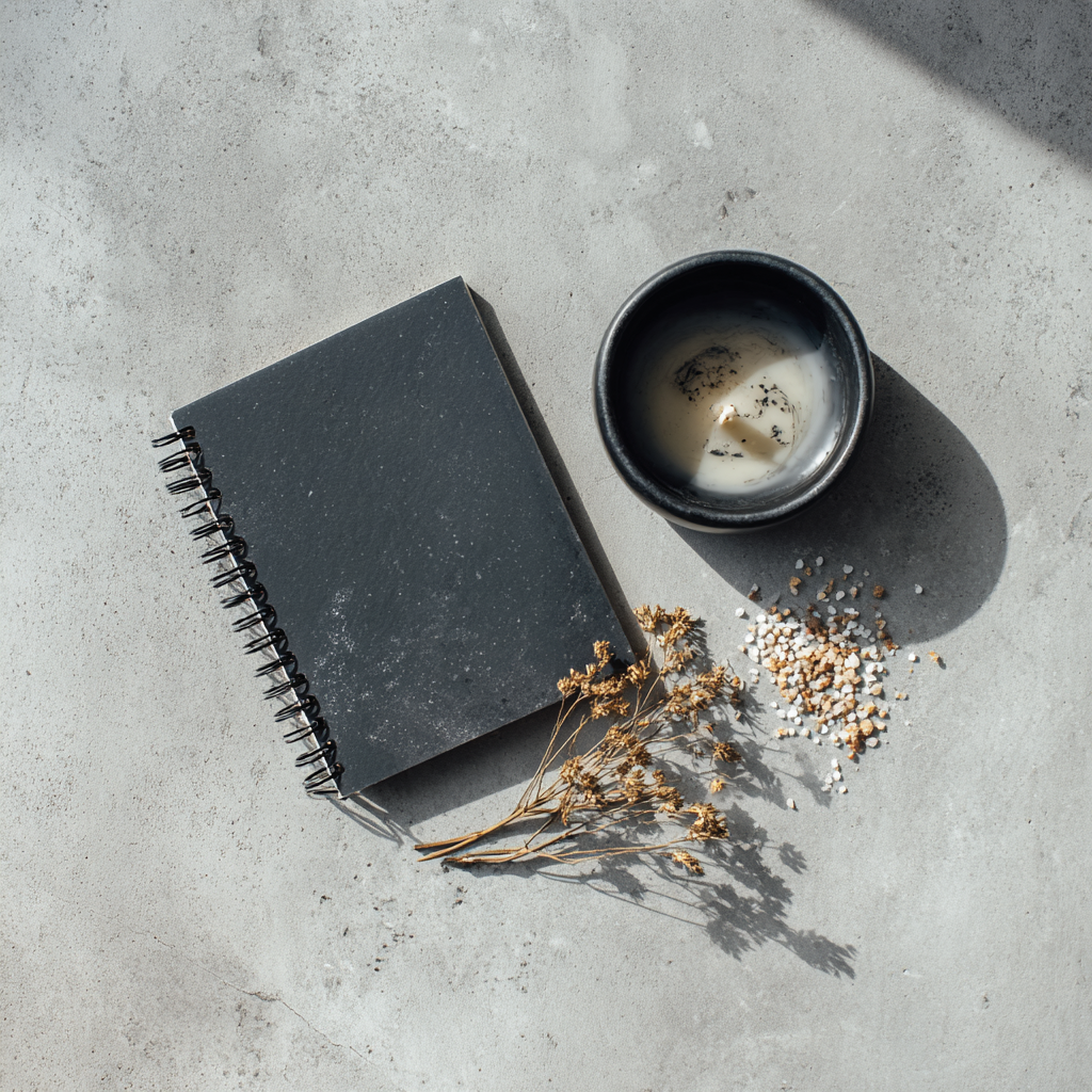 A open notebook with handwritten notes on a concrete surface next to a small dark ceramic dish holding a burned-down candle stub, a single dried sprig, and a few grains of coarse salt. Overhead shot, cool urban light.
