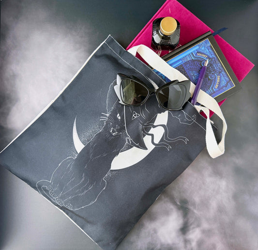 Reusable Canvas Tote Bag – Witchy Cat & Celestial Designs | 13" x 12" with Black Cat, Witch, Crystal Ball, and Crescent Moon Graphics