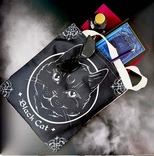 Reusable Canvas Tote Bag – Witchy Cat & Celestial Designs | 13" x 12" with Black Cat, Witch, Crystal Ball, and Crescent Moon Graphics